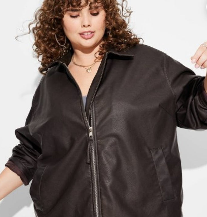 Wild Fable Womens Dark Faux Leather OverSized Bomber Jacket